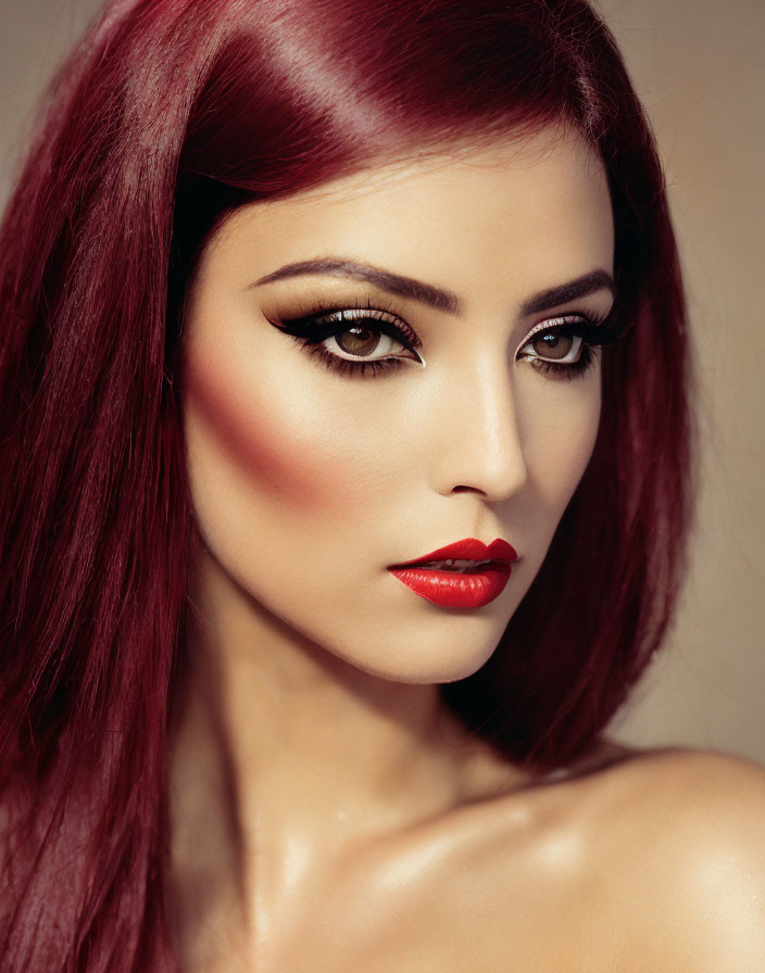 Red-haired woman with bold makeup and intense gaze.