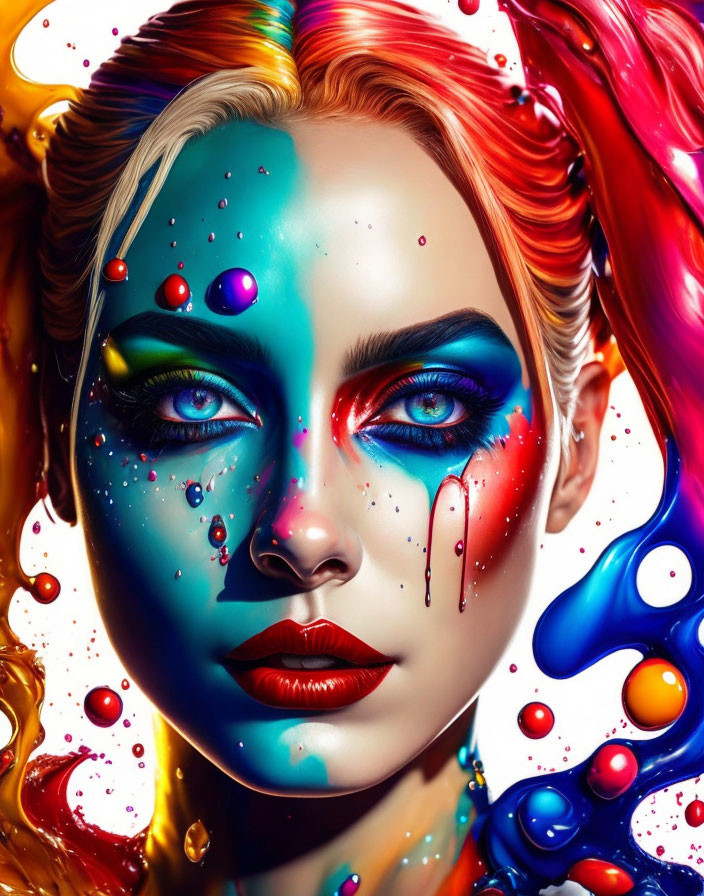 Colorful digital portrait of a woman with flowing paint, creating abstract appearance