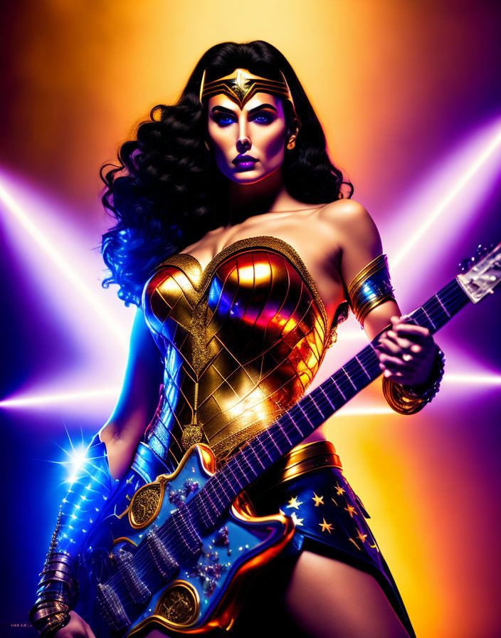 Character in glam rock Wonder Woman style with golden armor and electric guitar