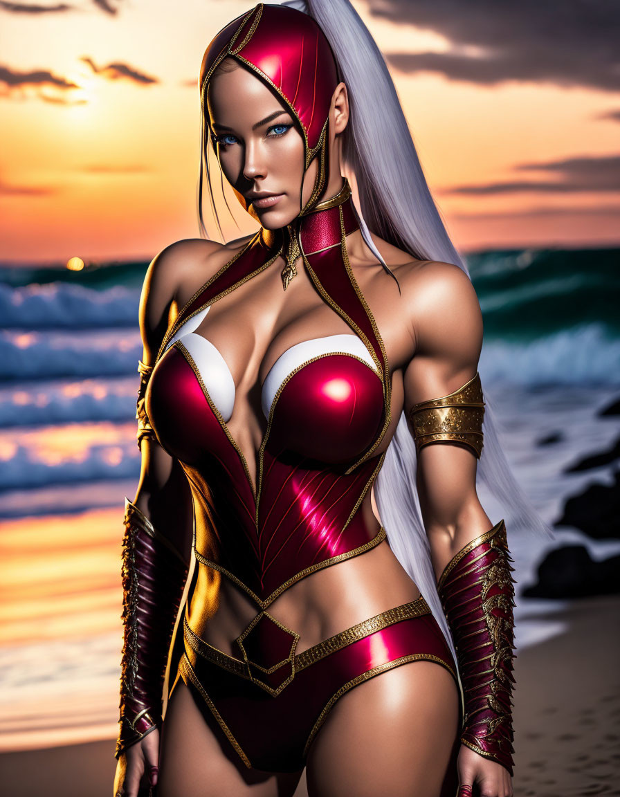 Female warrior in red and gold armor on beach at sunset