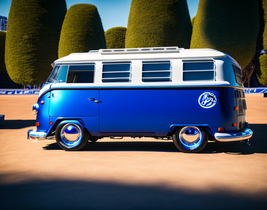 Vintage Blue Volkswagen Van with White Roof and Chrome Details on Sandy Parking Spot