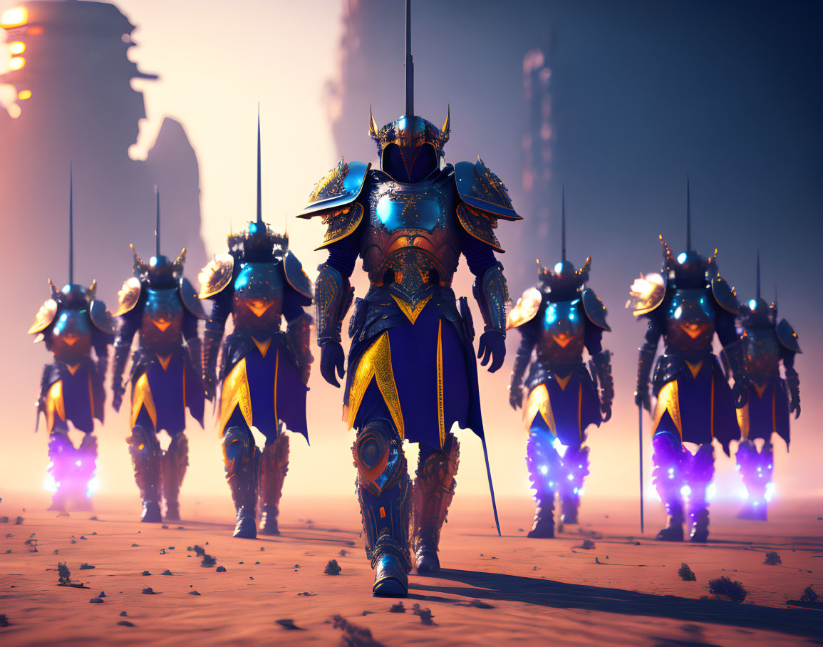 Futuristic knights in blue and gold armor on desert landscape