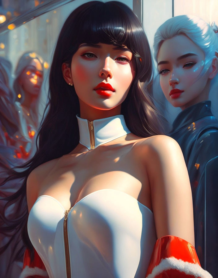 Stylized animated women in futuristic setting with contrasting outfits