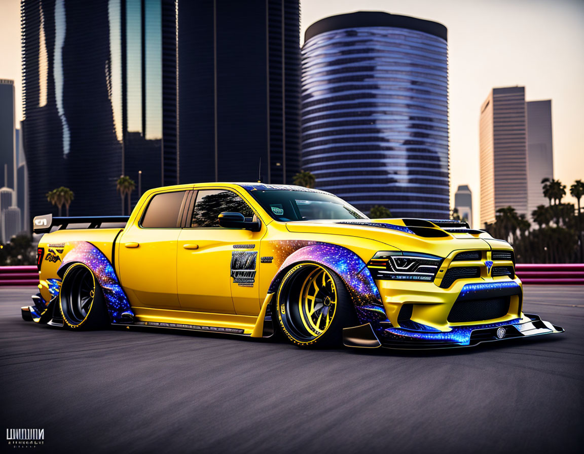 Customized pickup truck with yellow and blue star-themed design in urban setting at dusk