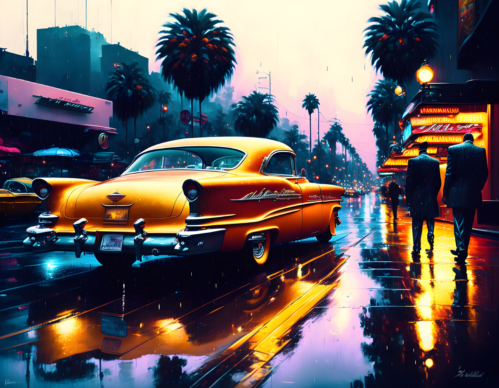 Vintage Yellow Car on Rain-Slicked Street with Silhouettes and City Lights