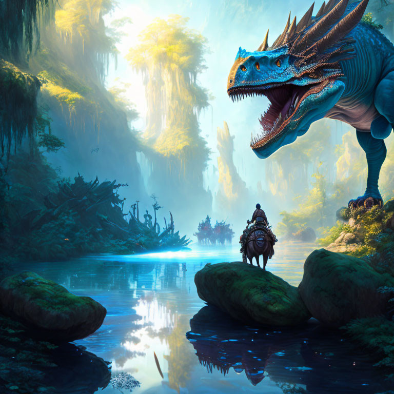 Fantasy scene: Person riding beast meets giant blue dragon in serene mossy forest