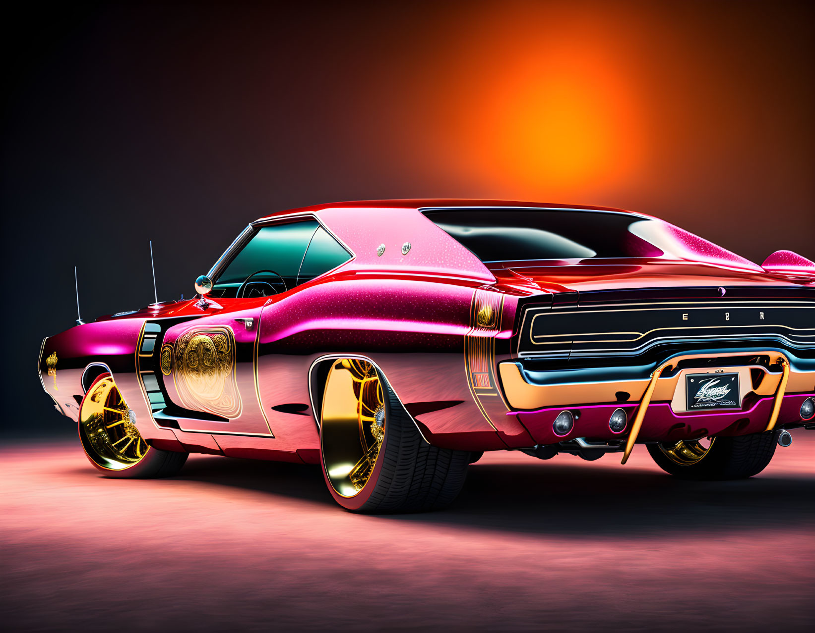 Vibrant pink muscle car with golden rims under dramatic lighting