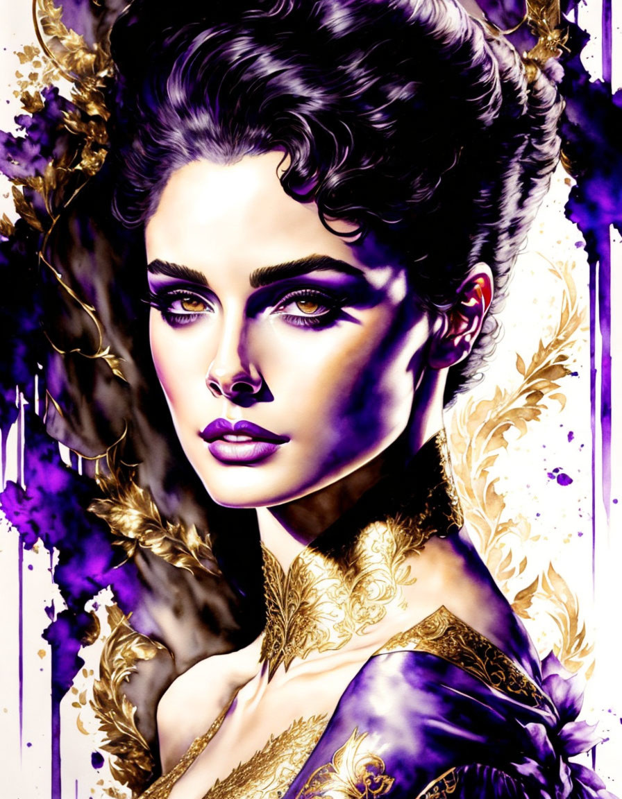 Detailed illustration of woman in purple and gold attire with intense gaze and stylized hairdo.