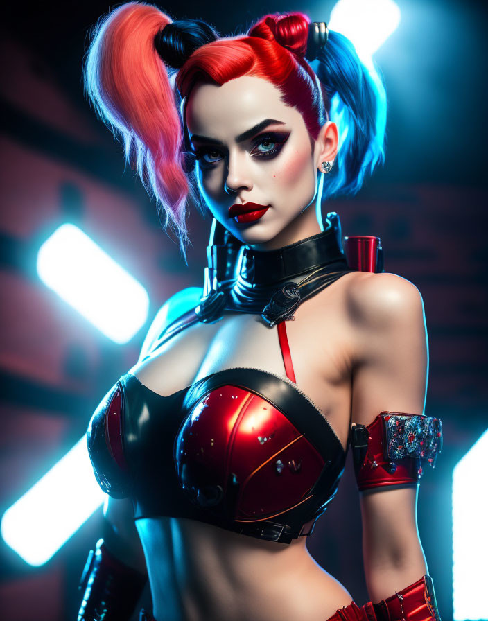 Woman with Red and Blue Pigtails in Futuristic Outfit on Neon Background