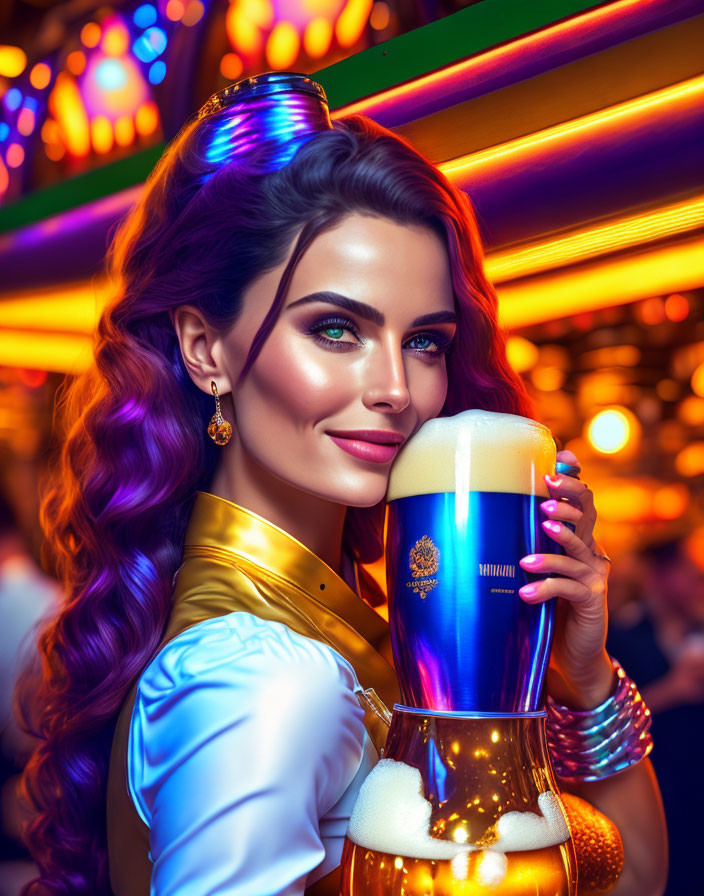 Woman with Long Wavy Hair and Striking Makeup Holding Beer in Colorful Bar