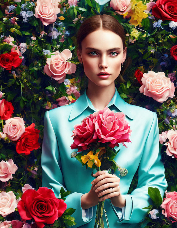 Poised woman in turquoise blazer with pink roses against floral backdrop