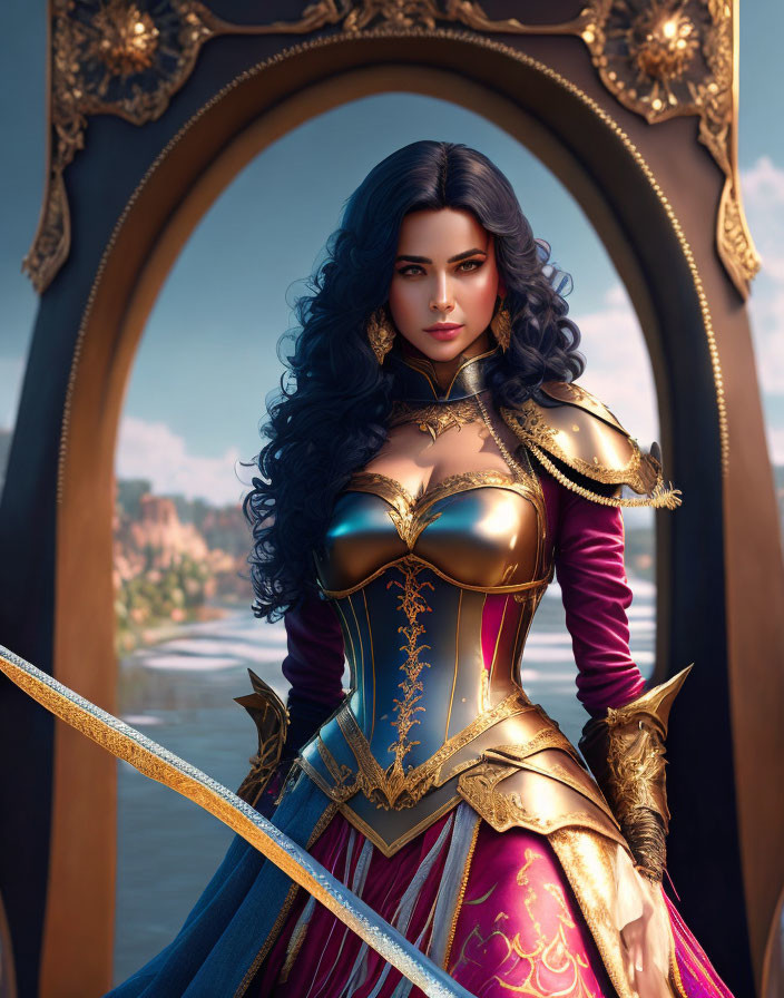 Female warrior digital artwork with black hair, golden-blue armor, sword, landscape background