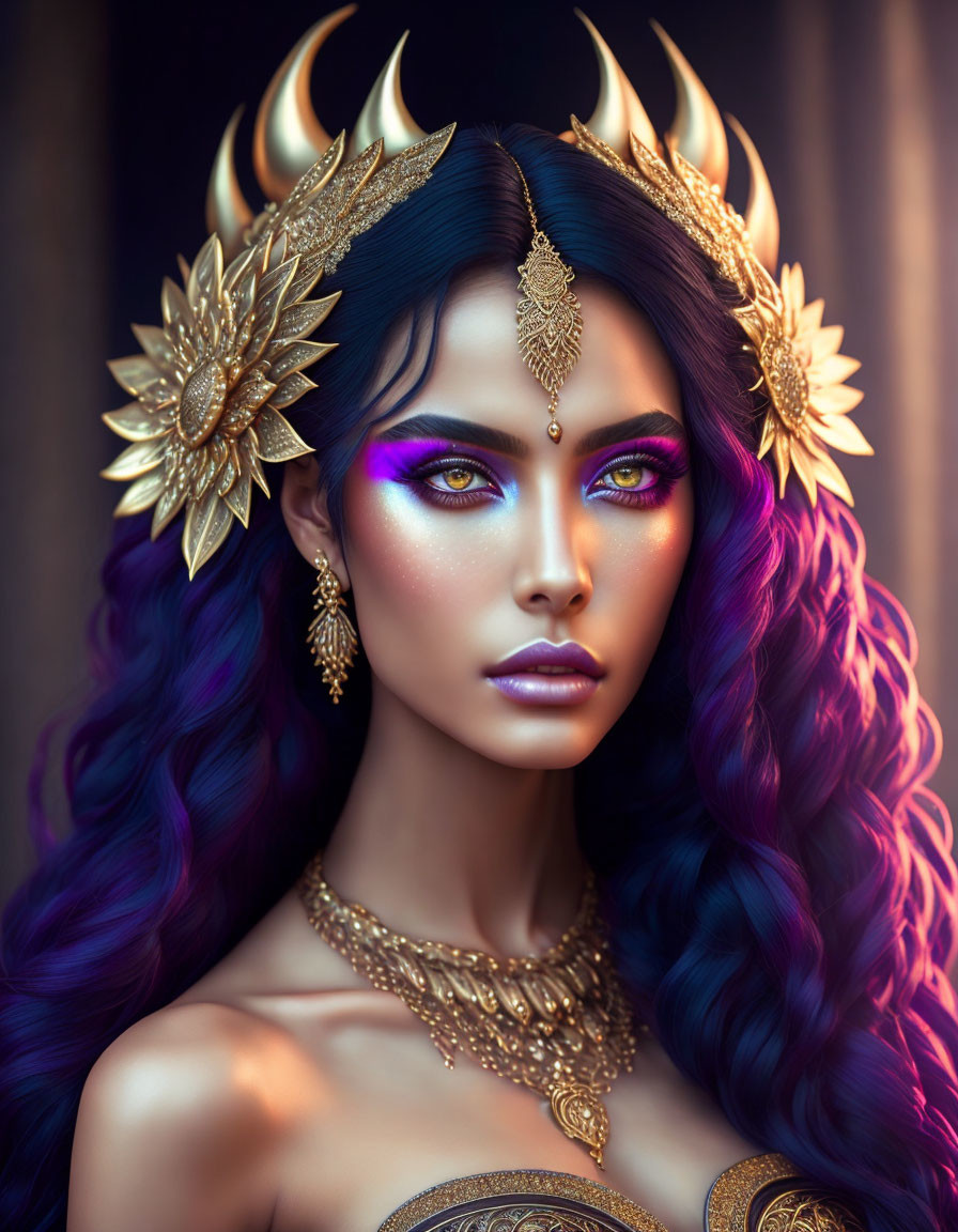 Fantasy portrait of woman with purple hair, golden horns, intricate jewelry, vibrant makeup