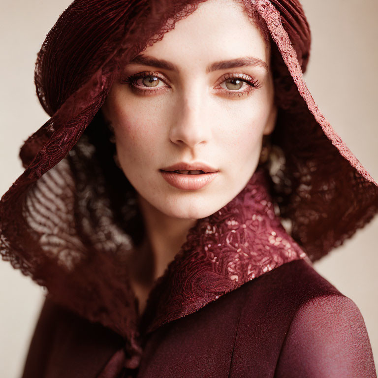 Portrait of woman with maroon lace headscarf and green eyes