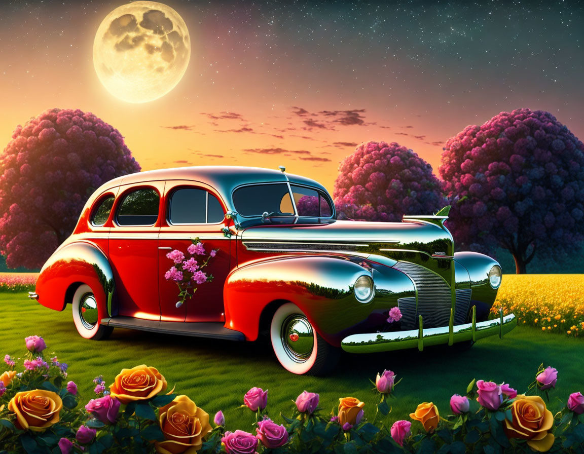 Red and Black Classic Car in Flower-Filled Field at Twilight