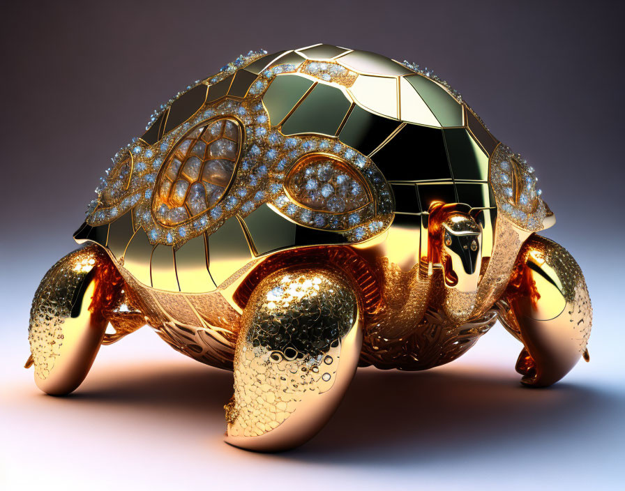 Golden Tortoise Figurine with Diamond Patterns on Gradient Background