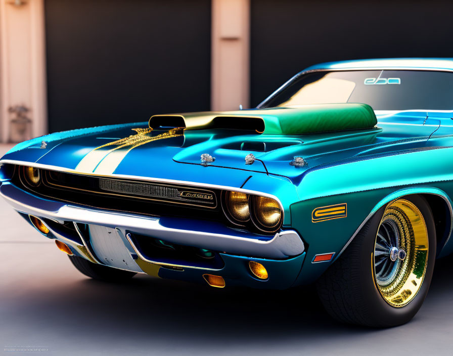 Blue Muscle Car with White Stripes and Gold Accents