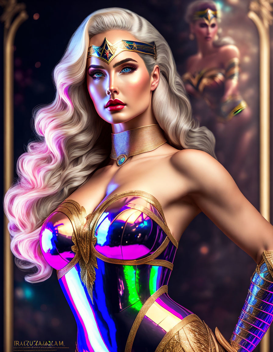 Blonde Wonder Woman with Tiara, Arm Brace, and Colorful Costume