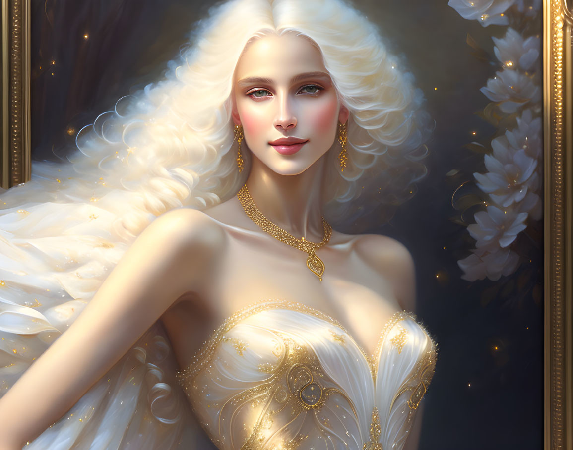 Illustrated woman with white hair and golden jewelry on floral background