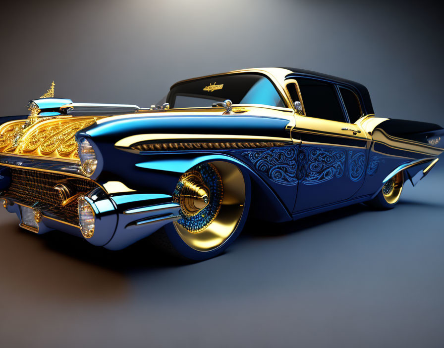 Elaborate Gold and Blue Custom Classic Car Design