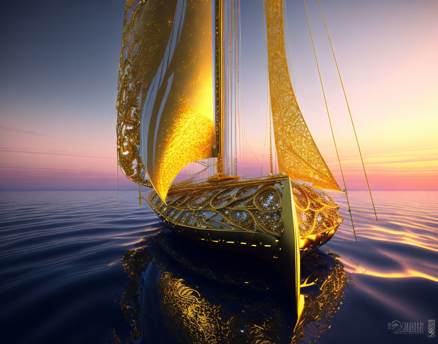 Golden ornate ship sailing on calm waters at sunset