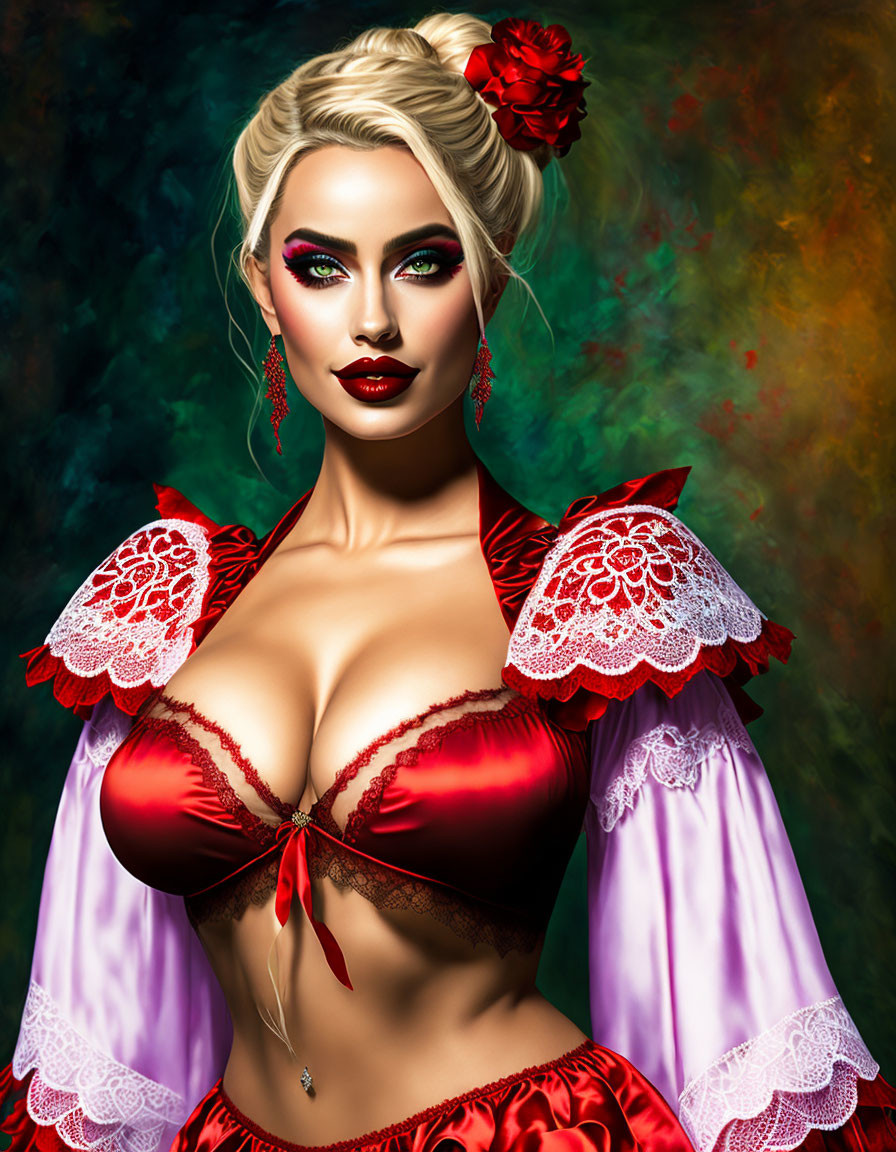 Digital artwork: Woman in red & white attire with red flower in blonde hair