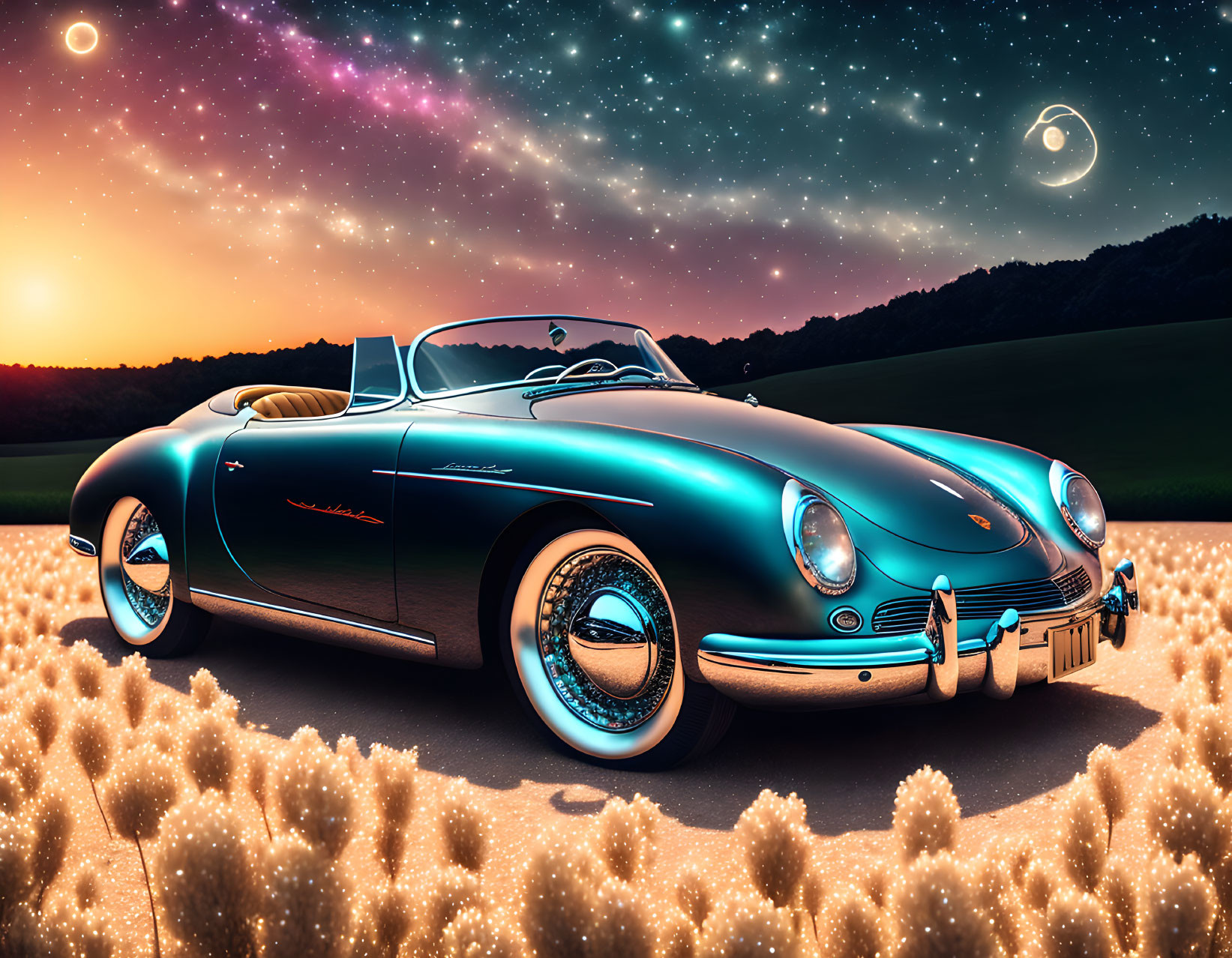 Blue Convertible Car in Surreal Flower Field Under Starry Sky