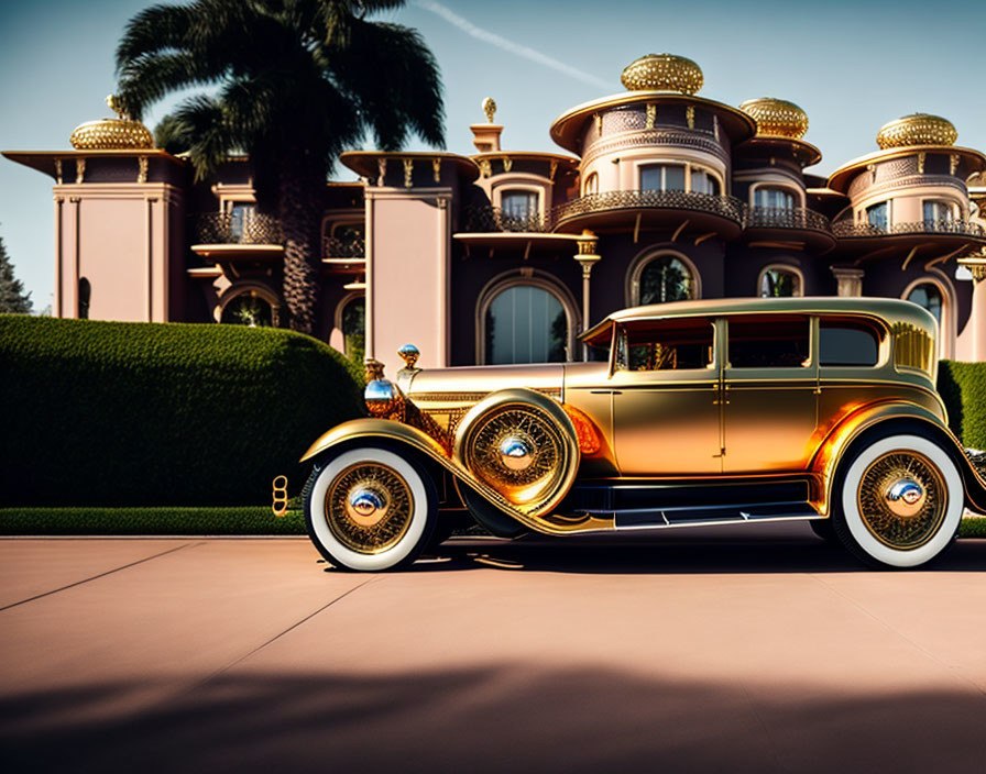 Vintage Golden Car Parked in Front of Opulent Mansion with Palm Trees