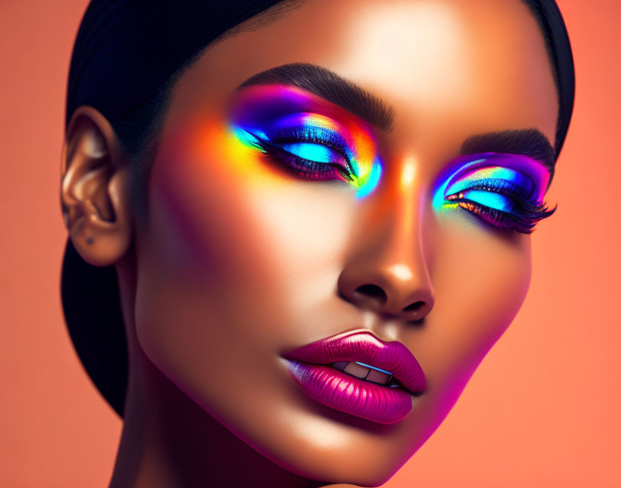 Woman's Portrait with Vibrant Rainbow Eyelid Makeup