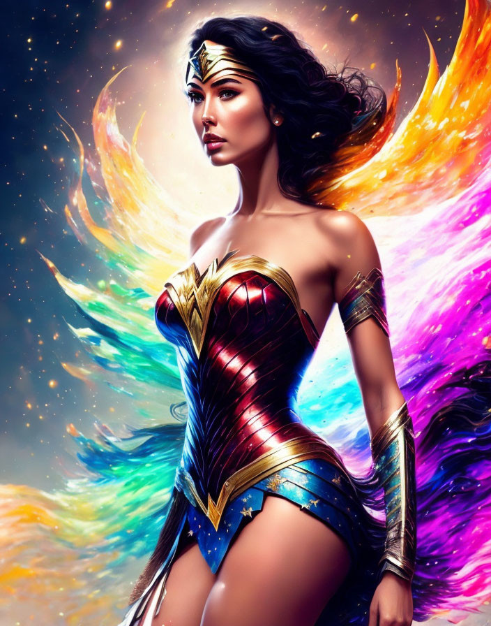 Female superhero with golden tiara and cosmic backdrop