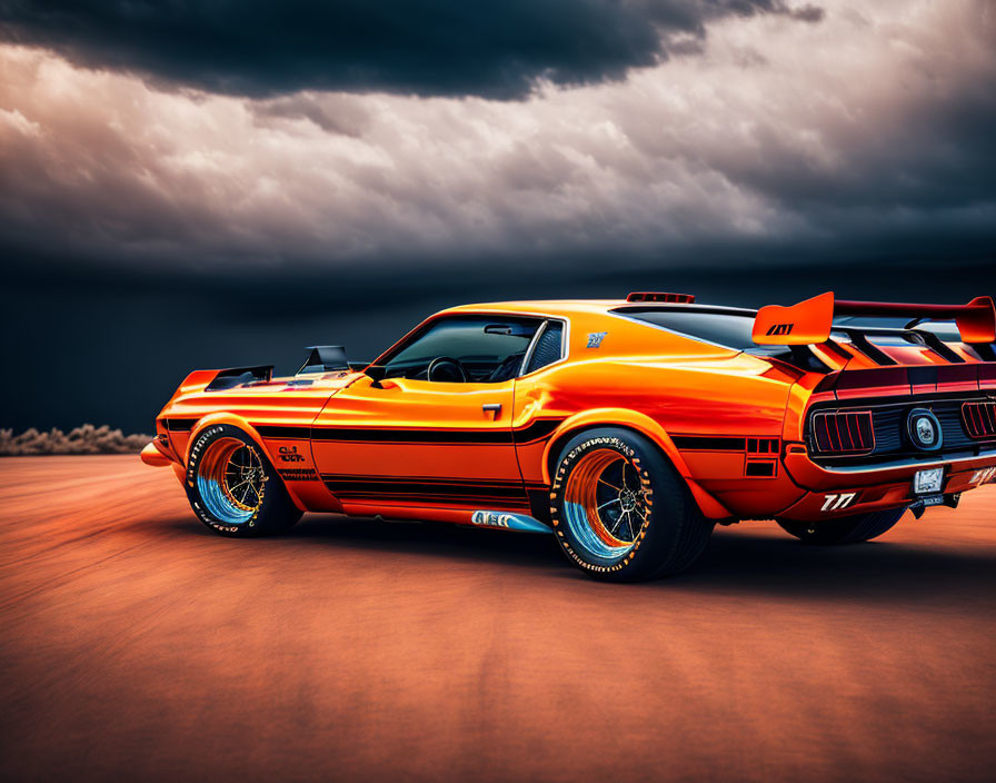 Orange Muscle Car with Stripes and Spoilers on Stormy Road