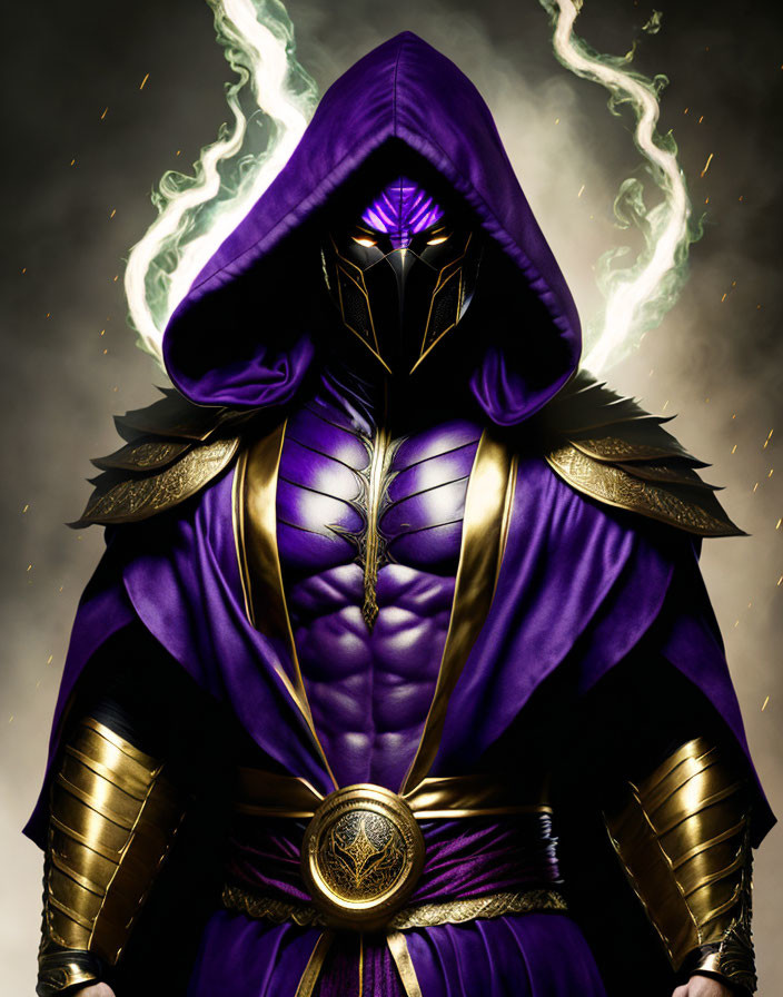 Mysterious figure in purple and gold robe with glowing mask surrounded by electrical energy