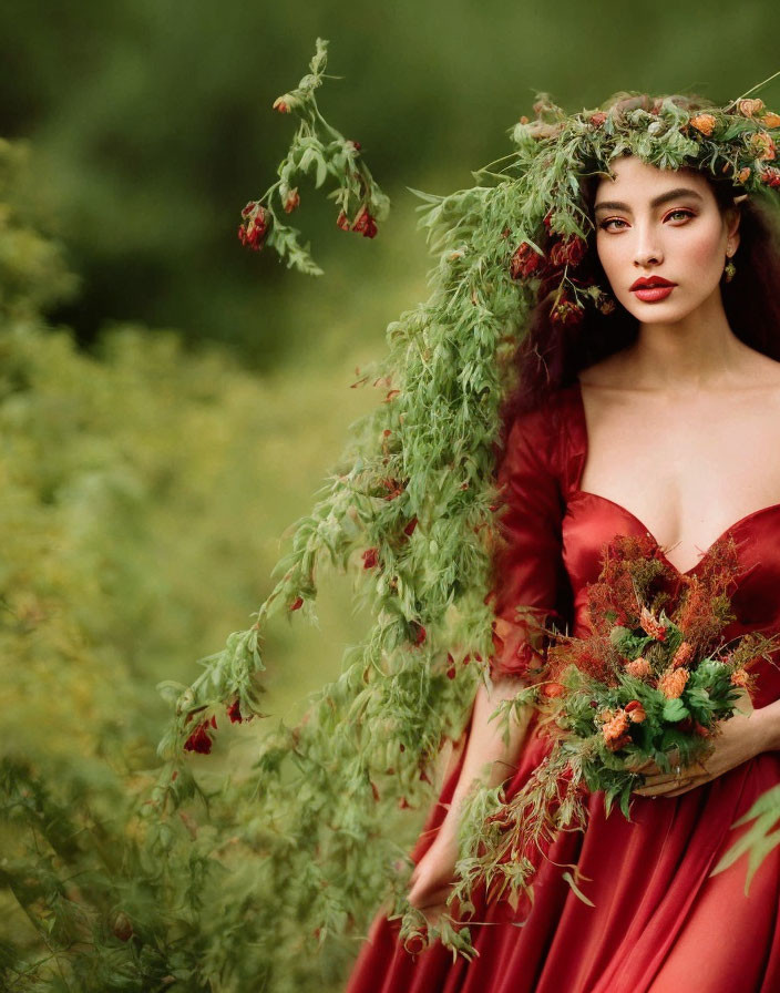 Woman in red dress with flower crown and bouquet in nature setting.