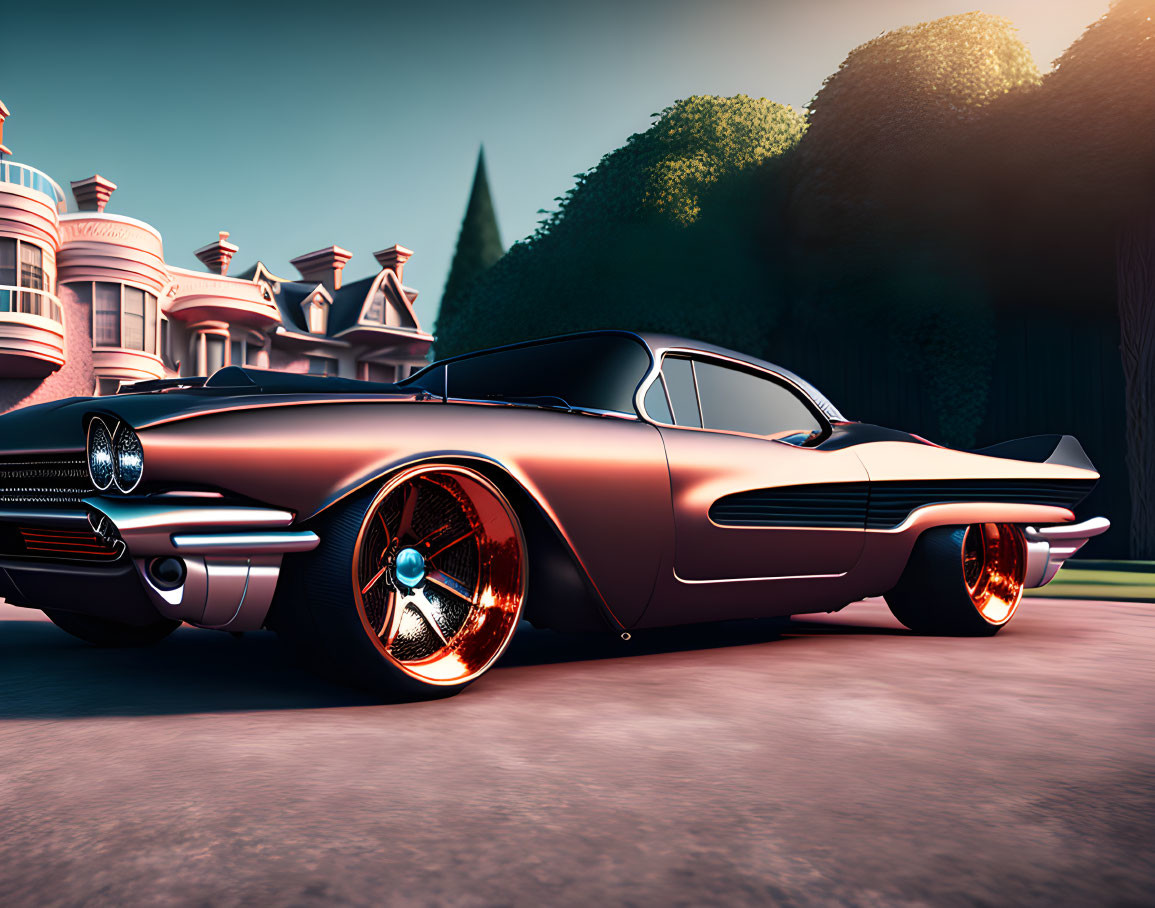 Futuristic black and orange car with oversized wheels in front of opulent mansion at dusk