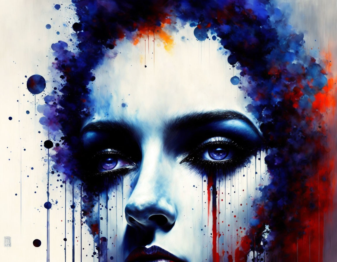 Portrait of Woman with Vivid Blue Eyes and Dramatic Watercolor Splashes