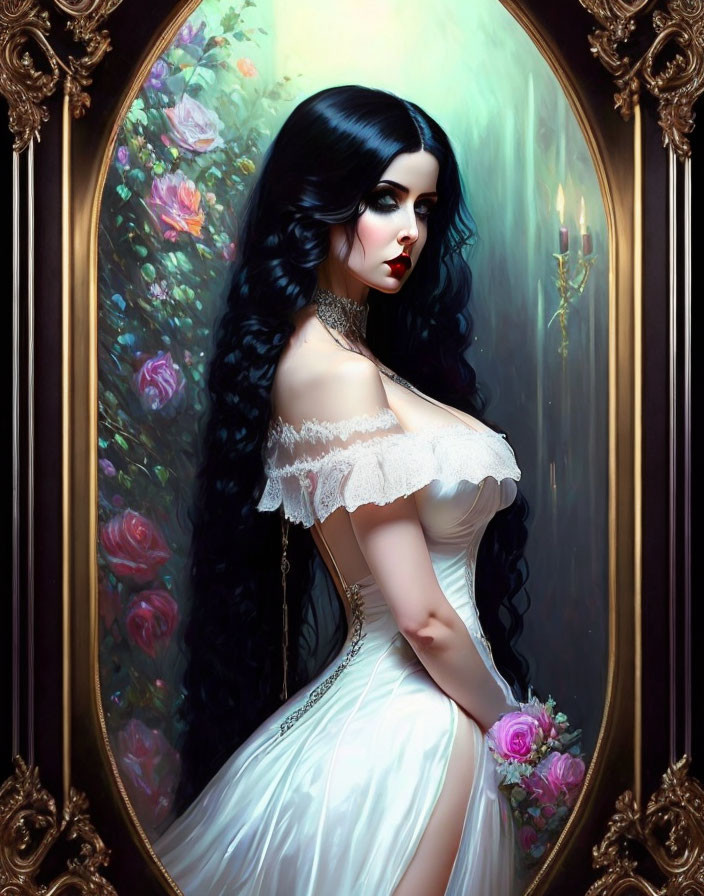 Illustrated female figure in white dress with black hair and red lips in golden oval frame among roses.