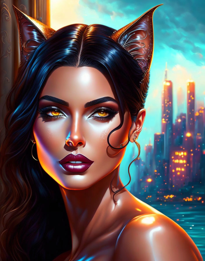 Woman with Cat-Like Features in Cityscape Twilight