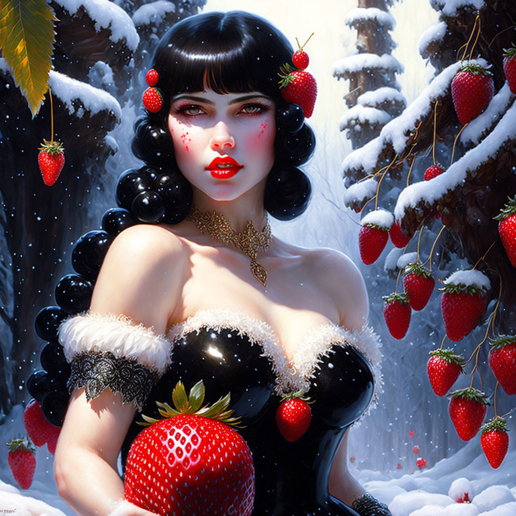 Digital artwork: Woman with black hair and strawberries in snowy landscape