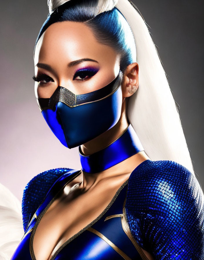 Futuristic woman in blue costume with metallic mask and vibrant hair