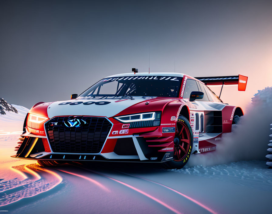 Race car 3D rendering with red and white livery on snowy track