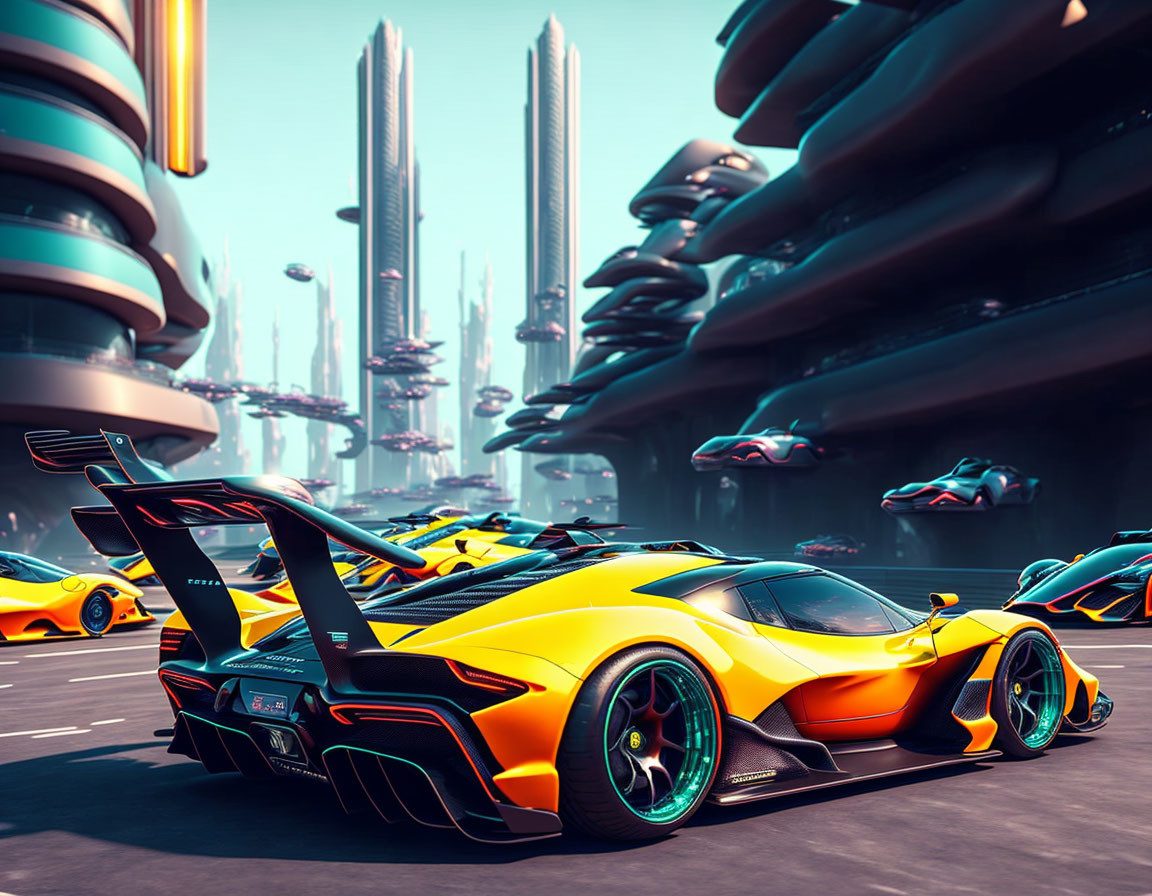 Colorful futuristic cityscape with sports cars, high-rise buildings, and flying vehicles.