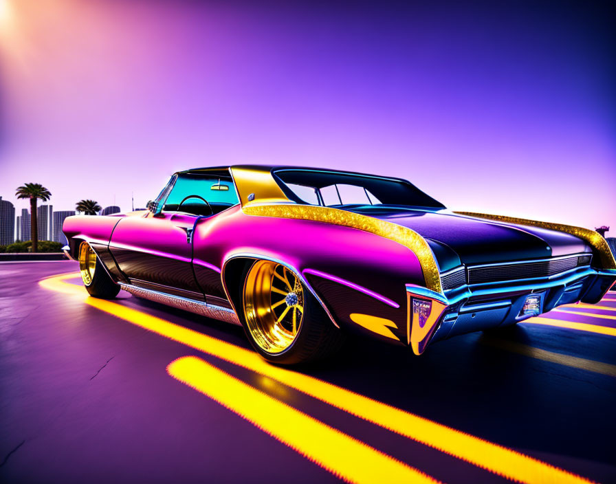 Purple and Gold Classic Car with Gleaming Rims Under Sunset Sky