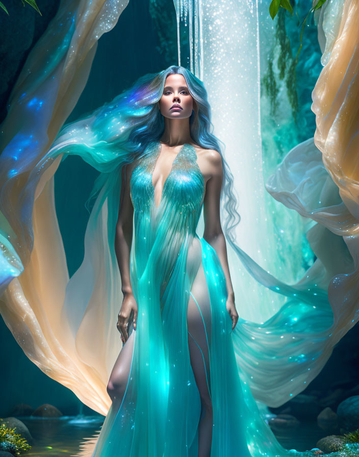 Mystical woman with blue hair in radiant teal dress in ethereal forest