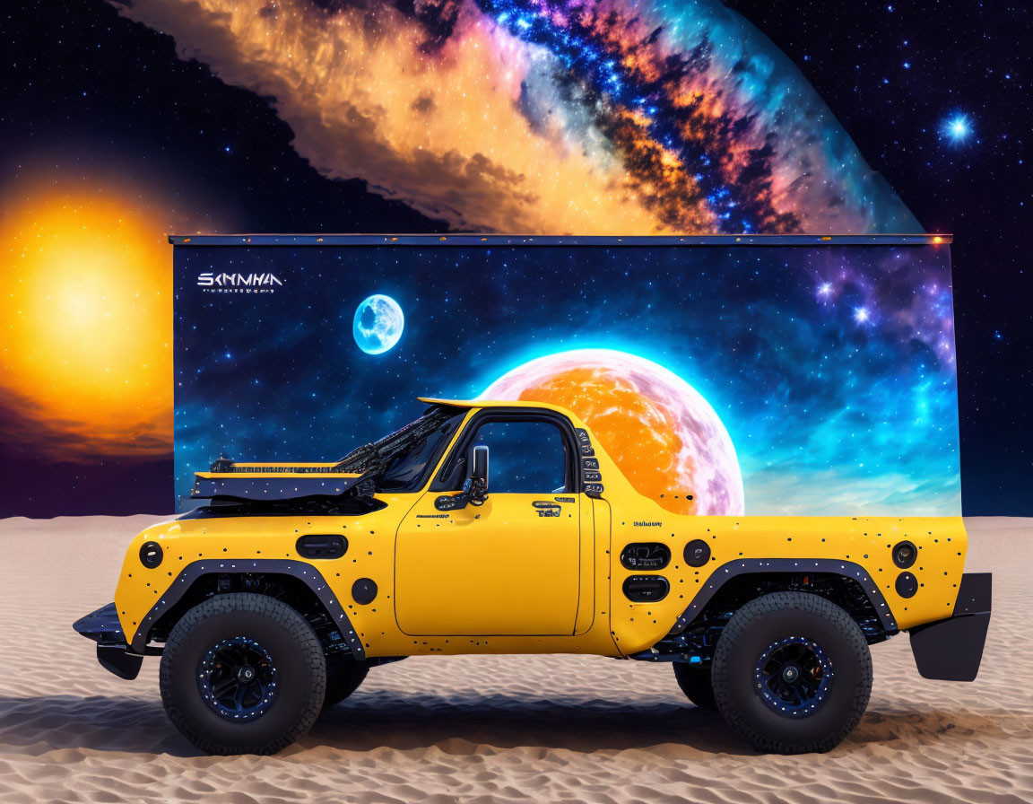 Yellow Pickup Truck on Desert Sand with Cosmic Mural Backdrop