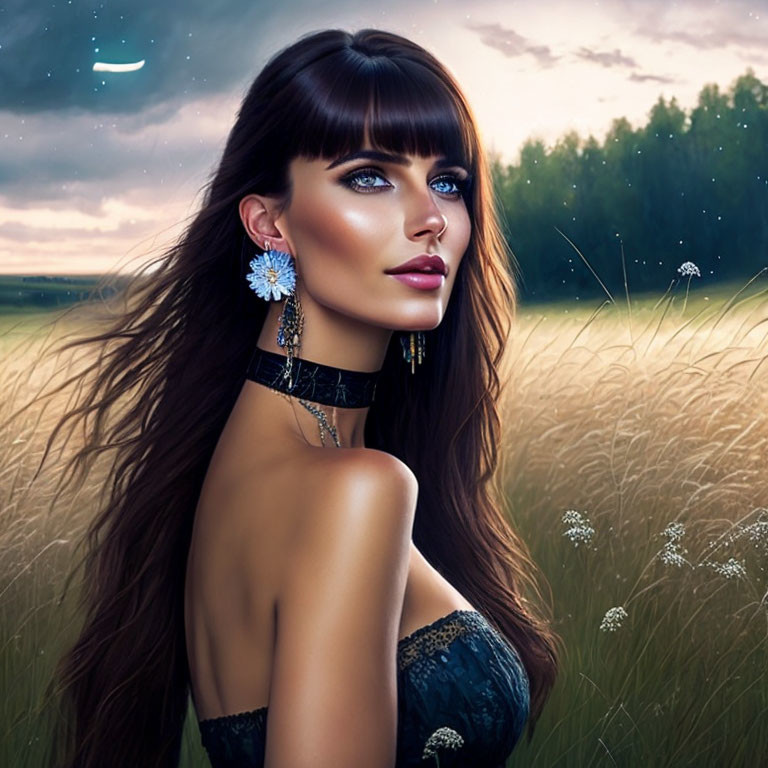 Digital artwork: Woman with brown hair and blue eyes in black dress and choker, large earrings,