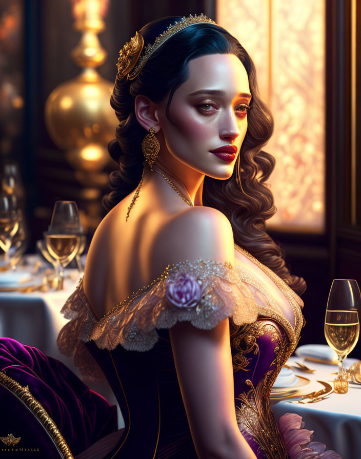 Regal woman with dark hair and golden tiara at elegant table.