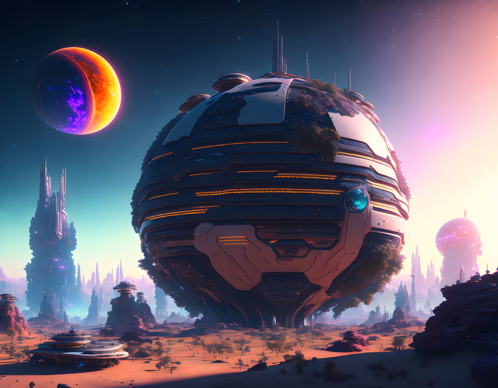 Futuristic spherical building on alien landscape with spires and vibrant planet.