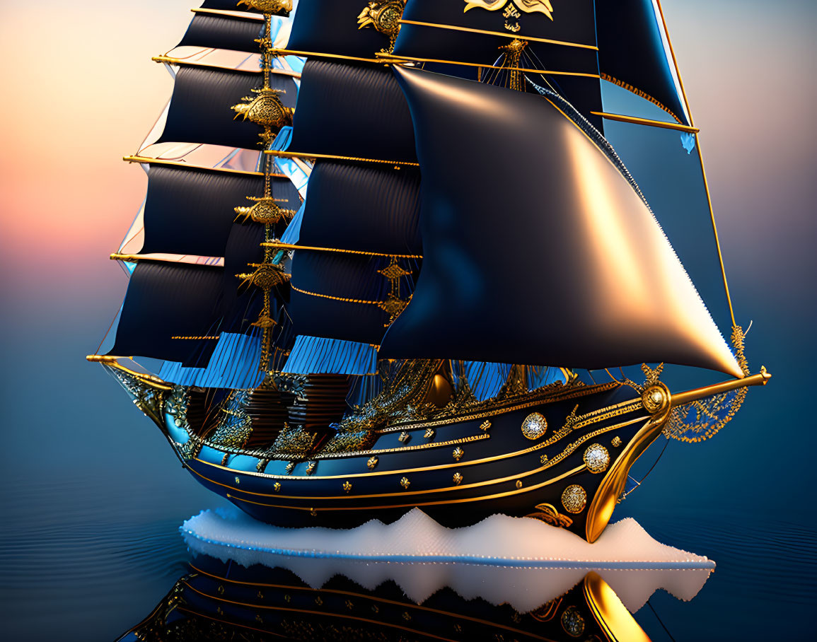 Digital Illustration: Ornate Black and Gold Ship Sailing on Calm Sunset Sea