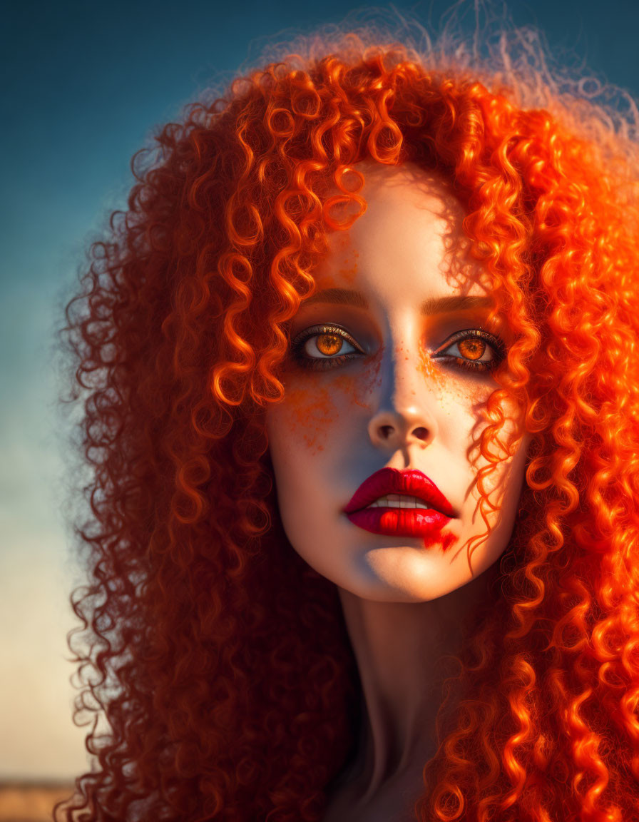 Portrait of woman with curly red hair, blue eyes, freckles, and red lipstick against blue