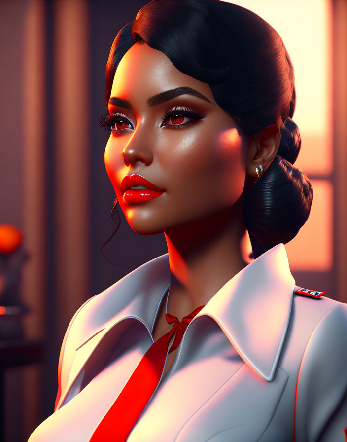 Digital art portrait of woman with sleek hair and red lipstick in white outfit with red accents, against warm